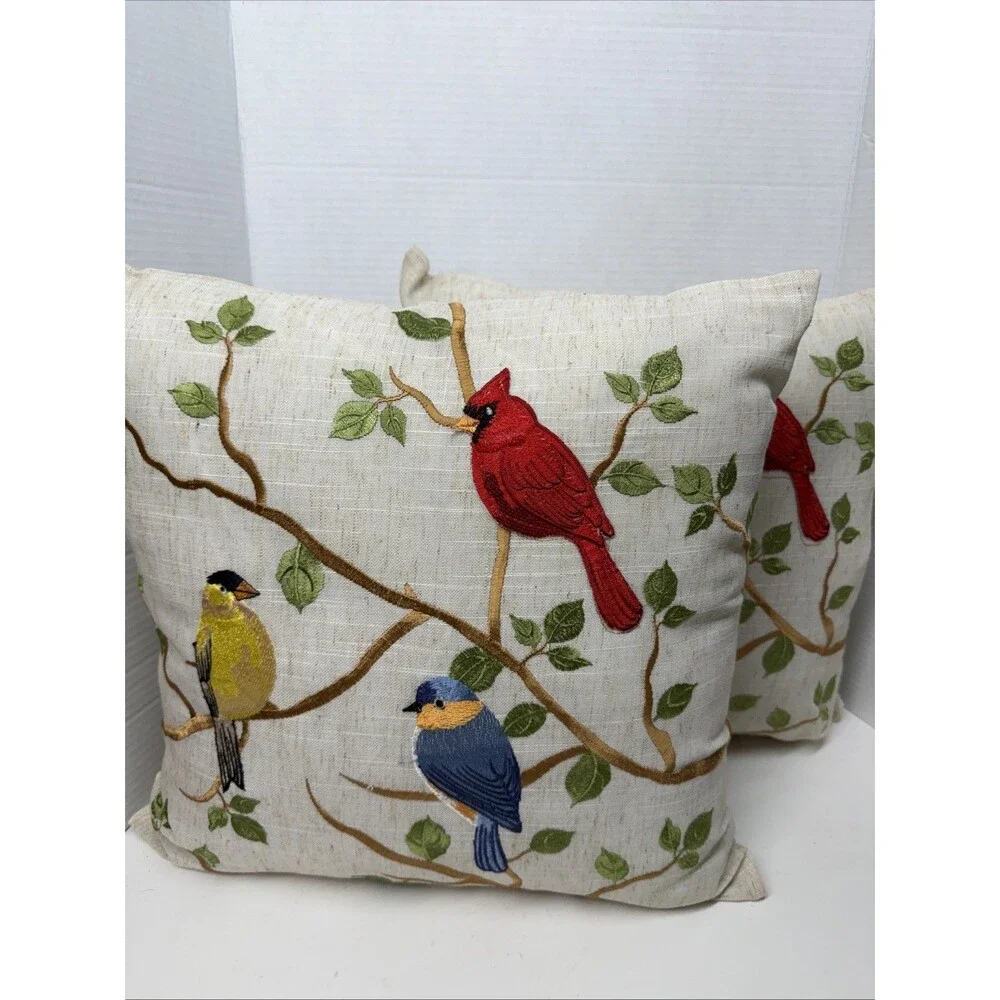 Birds On Branch Decorative Throw Pillows Embroidered Cardinal, Blue, Yellow Bird